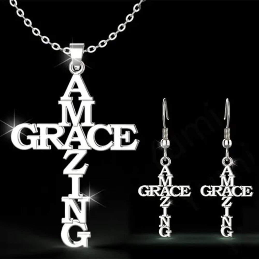 Stainless Steel Amazing Grace Cross Necklace & Earring Set - Silver, Christian‎
